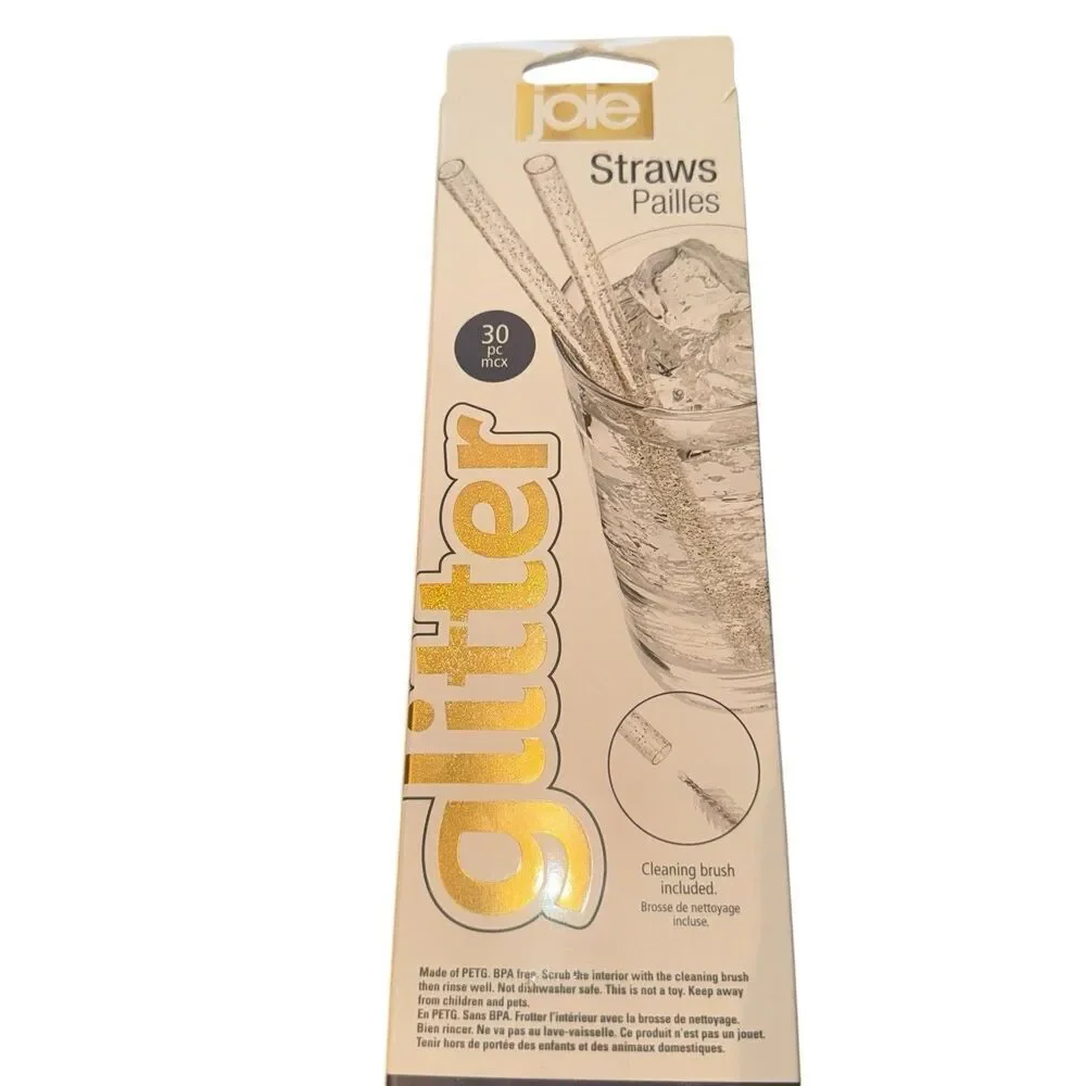Joie Gold Glitter Straws, 30 Pc, Reusable & Eco-Friendly With Cleaning Brush
